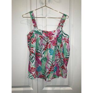 Cynthia Rowley New York tropical top smocked straps button back 100% linen SMALL
